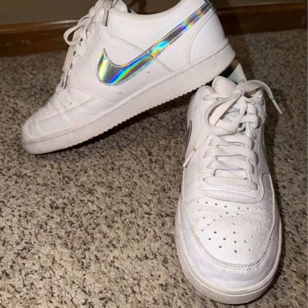 Women’s Nike Court Vision Silver Iridescent Swoosh Sz 9.5